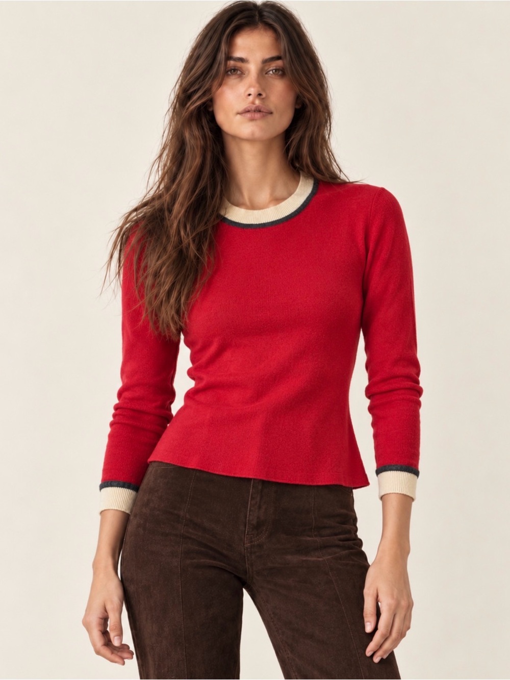 Vintage Ports International Red Fine Knit Crewneck Sweater Contrast Trim Top S